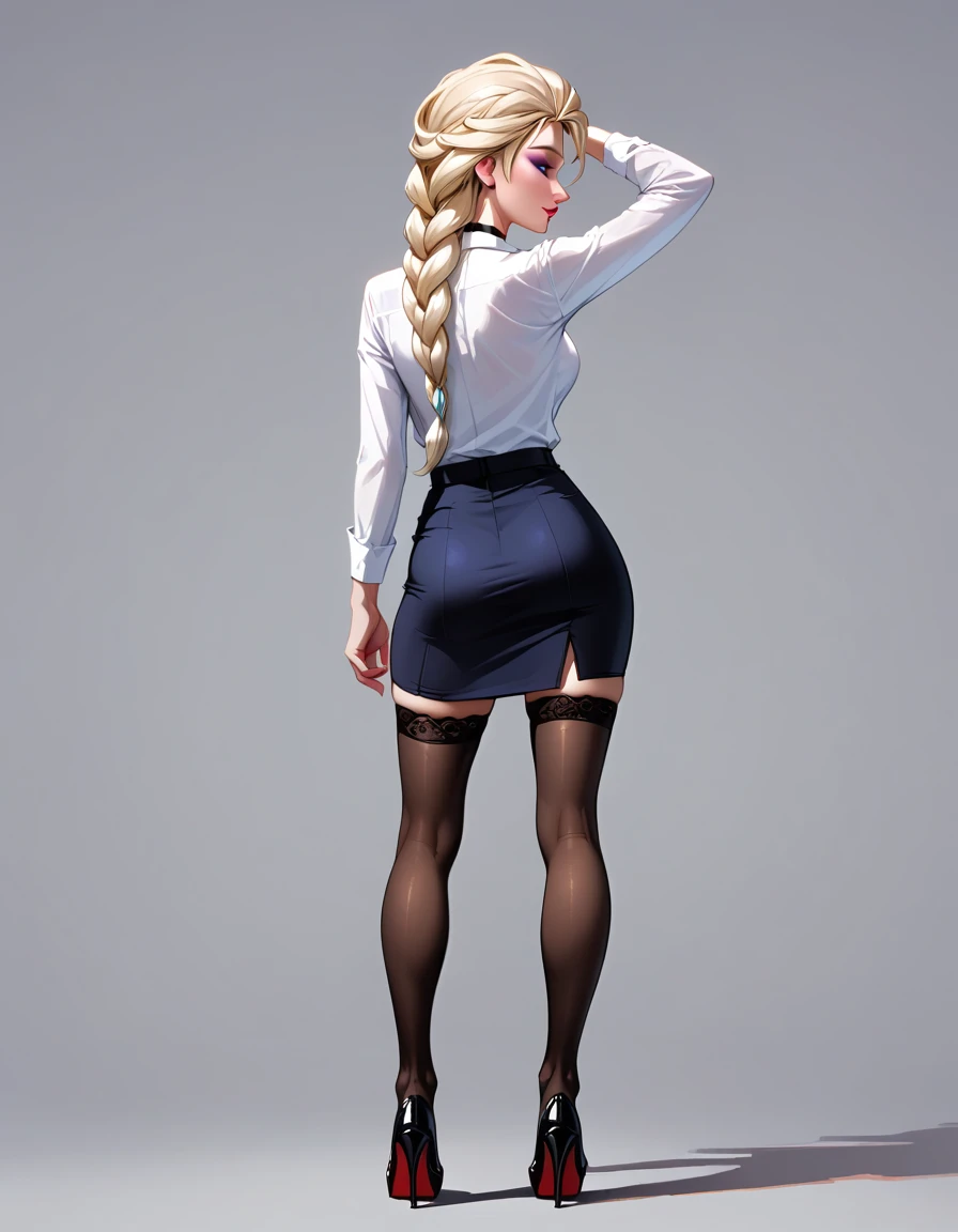 score_9, score_8_up, score_7_up, score_6_up, sketch_sheet, solo, BREAK 1girl, (Elsa, blonde, braid:1.3), dominant gorgeous girl, same character, BREAK perfect lips, tall, choker, (Sexy Office Lady), short black skirt, thigh slit, white shirt, thigh highs, high heels, BREAK frontal body view, back body view, Depth, Many parts, Multiple poses and expressions, BREAK highly detailed, (ultra-detailed), (best illustration), (best shadow), (absurdres), BREAK (very aesthetic), (4k, intricate), (detailed face:1.2).