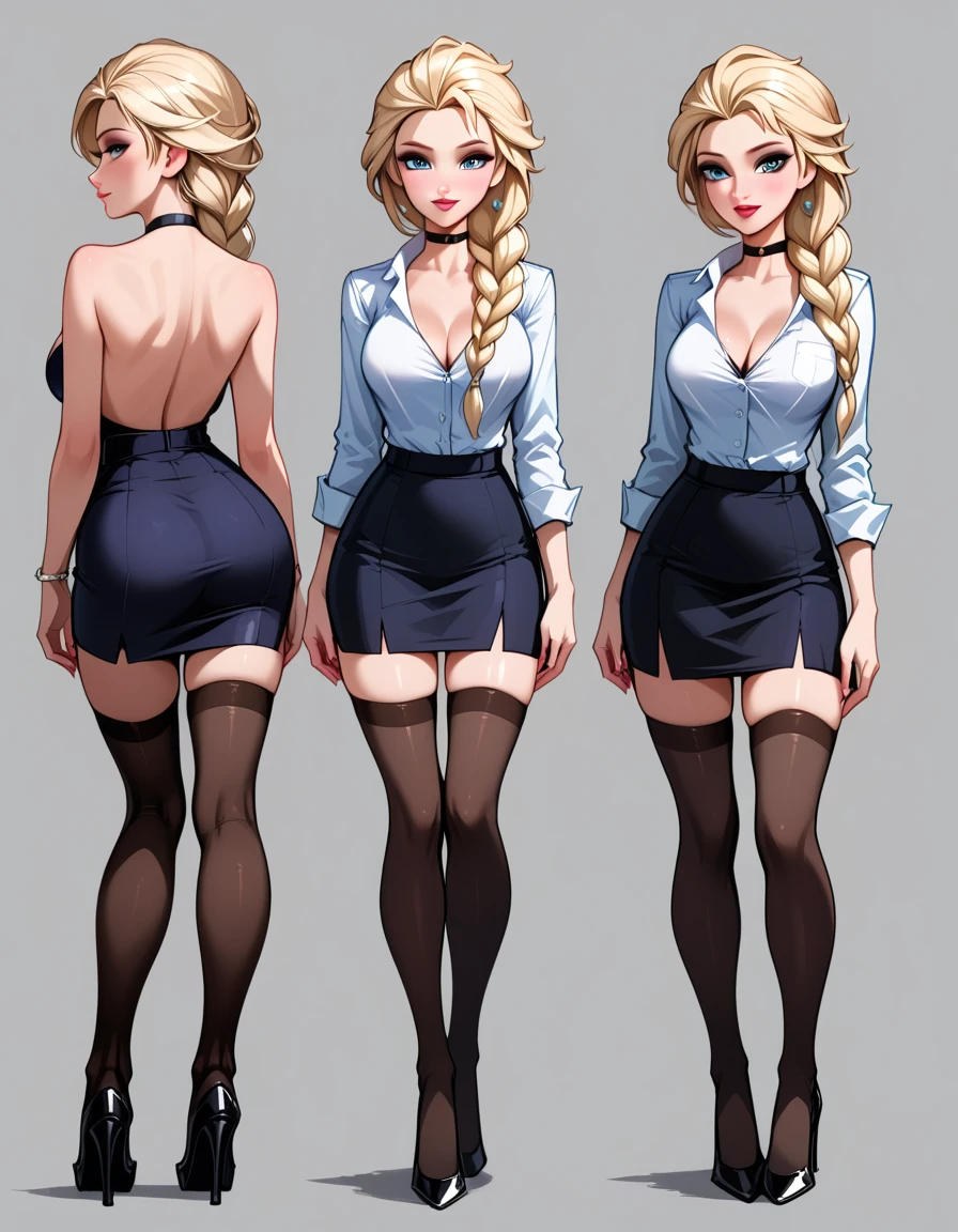 score_9, score_8_up, score_7_up, score_6_up, sketch_sheet, solo, BREAK 1girl, (Elsa, blonde, braid:1.3), dominant gorgeous girl, same character, BREAK perfect lips, tall, choker, (Sexy Office Lady), short black skirt, thigh slit, white shirt, thigh highs, high heels, BREAK frontal body view, back body view, Depth, Many parts, Multiple poses and expressions, BREAK highly detailed, (ultra-detailed), (best illustration), (best shadow), (absurdres), BREAK (very aesthetic), (4k, intricate), (detailed face:1.2).