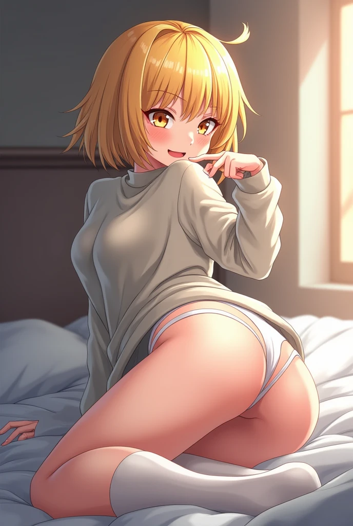 score_9, score_8_up, score_7_up, score_6_up, rating_questionable, 1 girl , score_8_up, score_9, highest quality, extremely detailed, 4k, 8k, amazing quality, masterpiece, 1girl, score_9, score_8_up, score_7_up, score_6_up, rating_questionable , score_8_up, score_9, highest quality, extremely detailed, 4k, 8k, amazing quality, masterpiece, 1girl, on a bed, Toga Himiko, yellow perfect eyes, hourglass figure, blonde hair, on a bed, looking at viewer, grinning, mischievous expression, thigh highs, wearing sweater with long sleeves, biting her sleeve, cute  pulled down to ankles, perfect tight butt, sly butt, pink y, perfect als, medium brenk nipples, dynams,