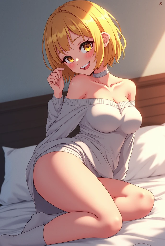 score_9, score_8_up, score_7_up, score_6_up, rating_questionable, 1 girl , score_8_up, score_9, highest quality, extremely detailed, 4k, 8k, amazing quality, masterpiece, 1girl, score_9, score_8_up, score_7_up, score_6_up, rating_questionable , score_8_up, score_9, highest quality, extremely detailed, 4k, 8k, amazing quality, masterpiece, 1girl, on a bed, Toga Himiko, yellow perfect eyes, hourglass figure, blonde hair, on a bed, looking at viewer, grinning, mischievous expression, thigh highs, wearing sweater with long sleeves, biting her sleeve, cute panties pulled down to ankles, perfect tight butt, shapely butt, pink pussy, perfect genitals, medium breasts, pink nipples, dynamic poses,