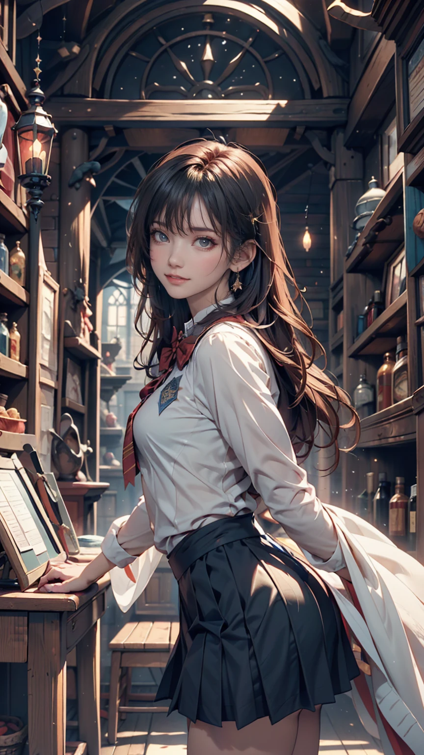 Magic shop interior in a historical setting, Front view, Harry potter, Diagon Alley, Showcase, texture, Maximum details, Pertate board, unmanned, Highest quality, masterpiece, Magic Potion, Mythical creatures、Woman in magic school uniform、Cowboy Shot、smile