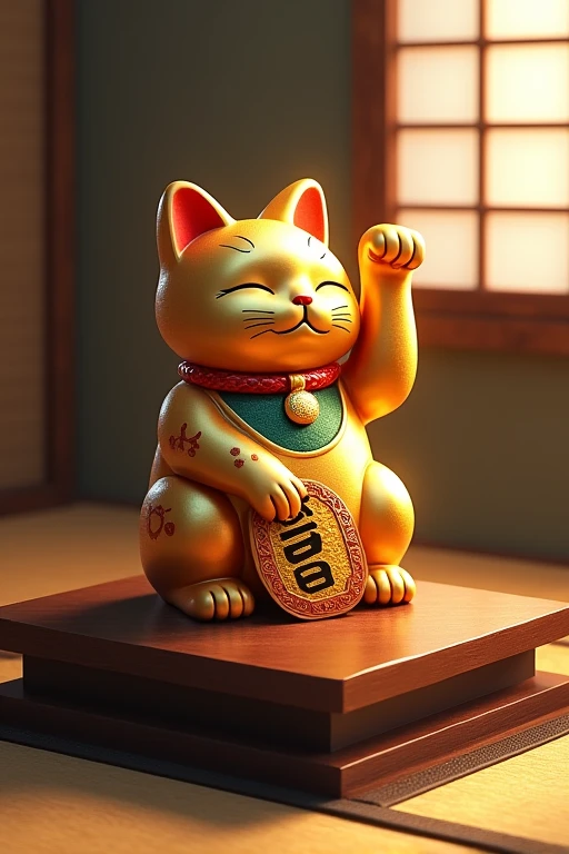 "A golden maneki-neko, a Japanese lucky cat, sitting on a traditional Japanese table, with a golden coin in ,digital art"