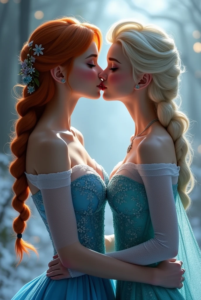 A stunning portrait of Elsa and her sister Anna kissing, French kissing, tongues touching, they are kissing, young and beautiful, hyper realistic, real portrait, backlit, exquisite features, cleavage, Elsa is showing her vagina to Anna and asking her to lick her vagina, she is inserting his fingers in her vagina under her skirt, she is fingering her, Elsa is in ecstasy