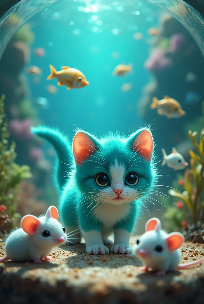 turquoise and White color of cute Cat inside the aquarium and hard fight with mouses
