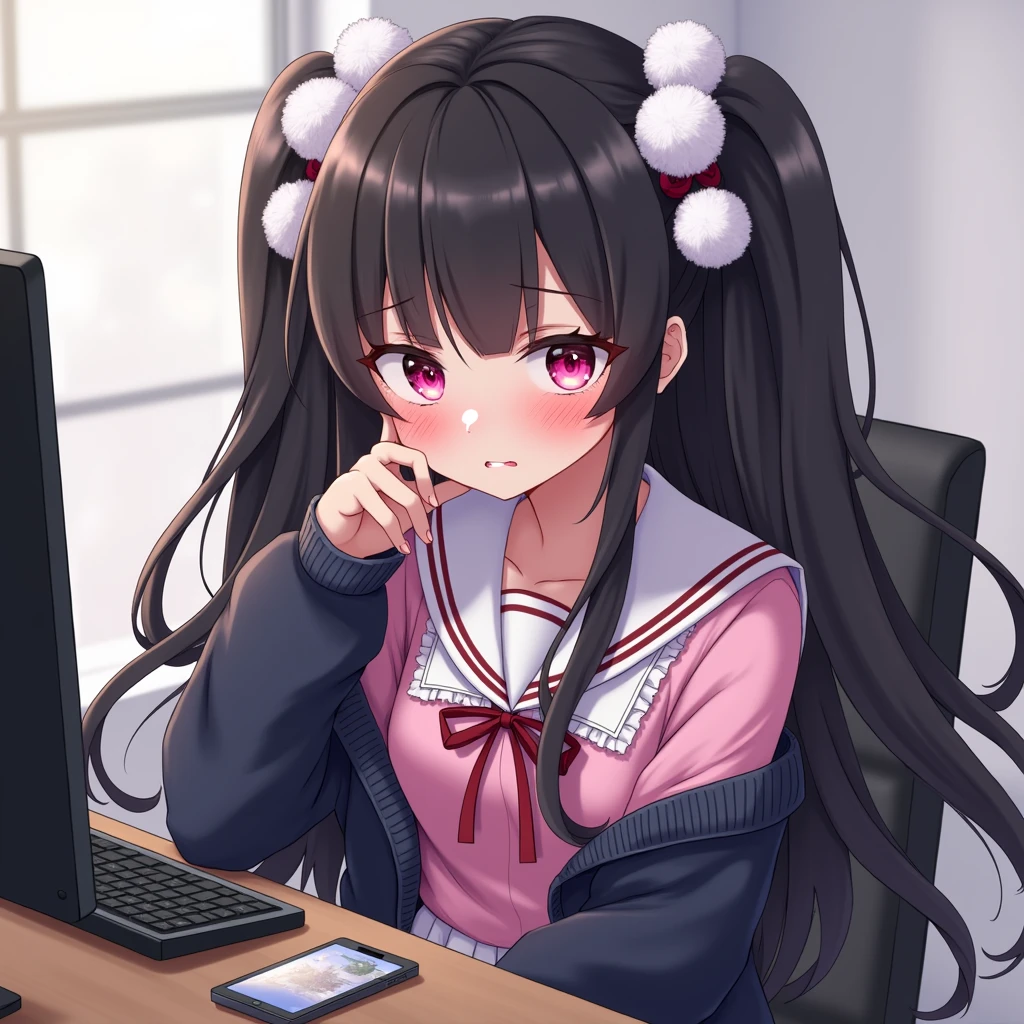 One person, Black Hair,Pink inner color,Long Hair, bangs,Half Twin Tail,Pink eyes, Droopy eyes,Take a closer look, Hearts in eyes, ribbon, Headband, White fluffy hair accessories,anime, anime風, skirt,Pale skin,Frills,Mine system,smartphone,Pink Sailor Suit,Dark cardigan,Drooping eyes,Confused eyes,Worried brow,Yandere,background computer,smartphone,delivery