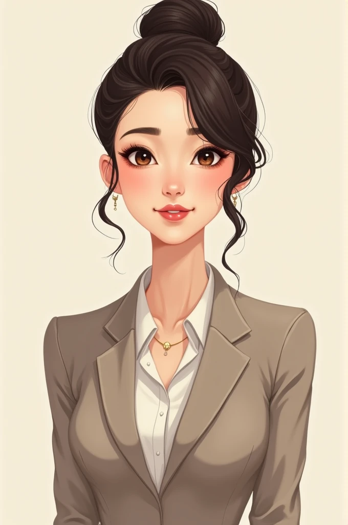 brunette woman, black hair tied up, Brown eyes, dressed as a businesswoman half body drawing book style 