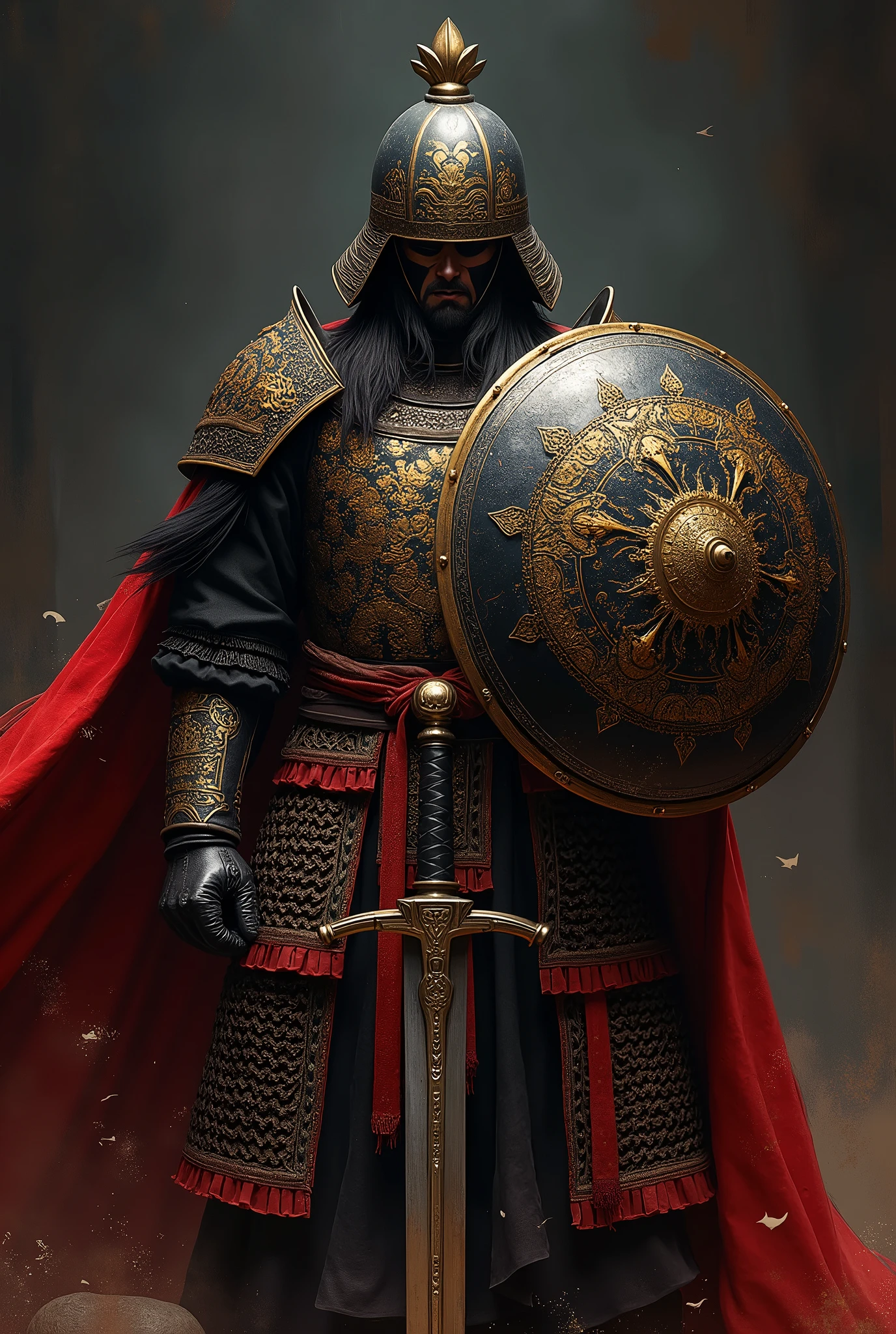 In the dark environment, a fierce Mongolian warrior stands ready for battle, face obscured by his helmet, as if embodying the spirit of death and fear. Soft side lighting casts a subtle glow on the black red and gold armor, accentuating the intricacies of the blackened design. The warrior's elegant Mongolian armor shines with a metallic sheen, complemented by the round shield and shining sword held at the ready. The masterful painting style, reminiscent of Anders Zorn and Aleksi Briclot, transports the viewer to a realm of realism and intimidation, as if gazing upon a highly detailed oil on canvas masterpiece.