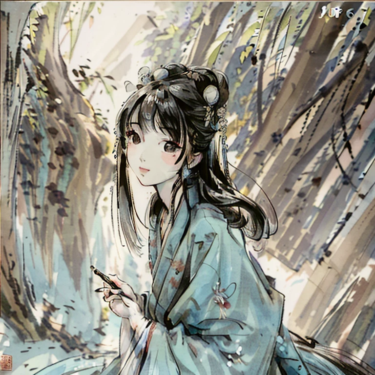 shukezouma, negative space, , shuimobysim , portrait of a woman standing , willow branches, (masterpiece, best quality:1.2), traditional chinese ink painting, modelshoot style, peaceful, (smile), looking at viewer, wearing long hanfu, hanfu, song, willow tree in background, wuchangshuo,