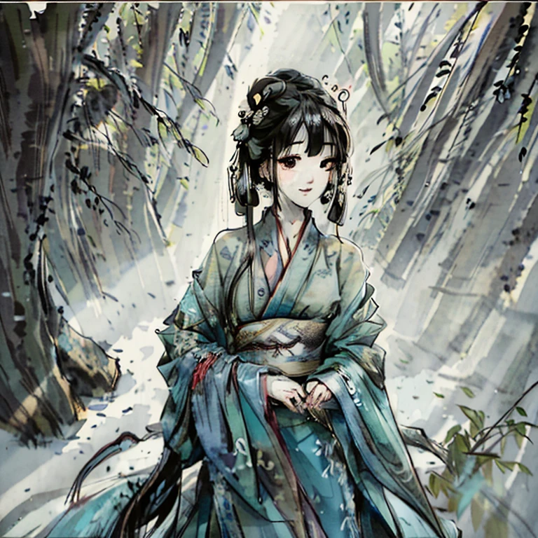 shukezouma, negative space, , shuimobysim , portrait of a woman standing , willow branches, (masterpiece, best quality:1.2), traditional chinese ink painting, modelshoot style, peaceful, (smile), looking at viewer, wearing long hanfu, hanfu, song, willow tree in background, wuchangshuo,