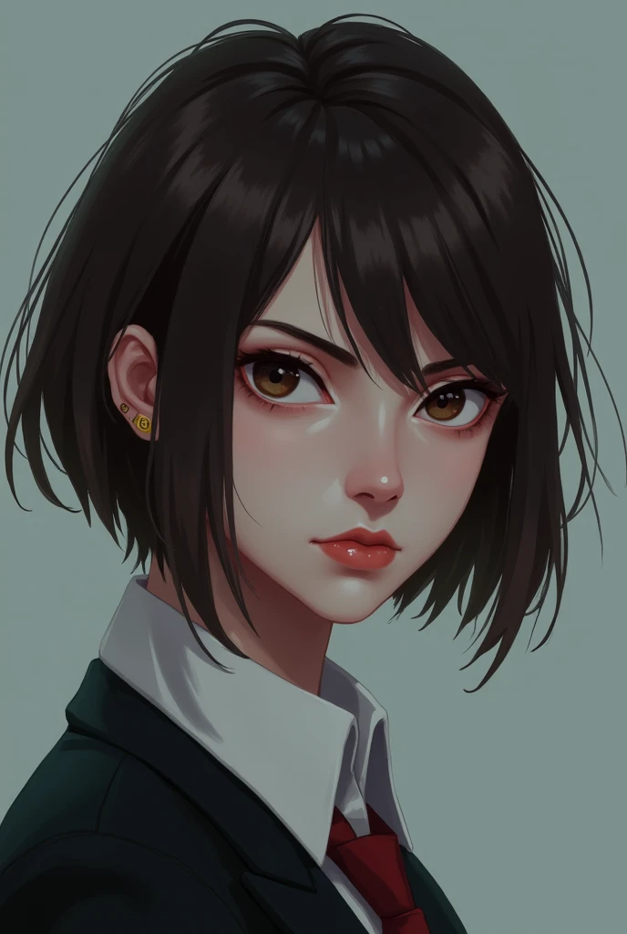 20 year old Caucasian girl, Her hair is short brown, Her skin is white, His expression is serious and cold, He seems like a bad person, Digital illustration of video game characters
