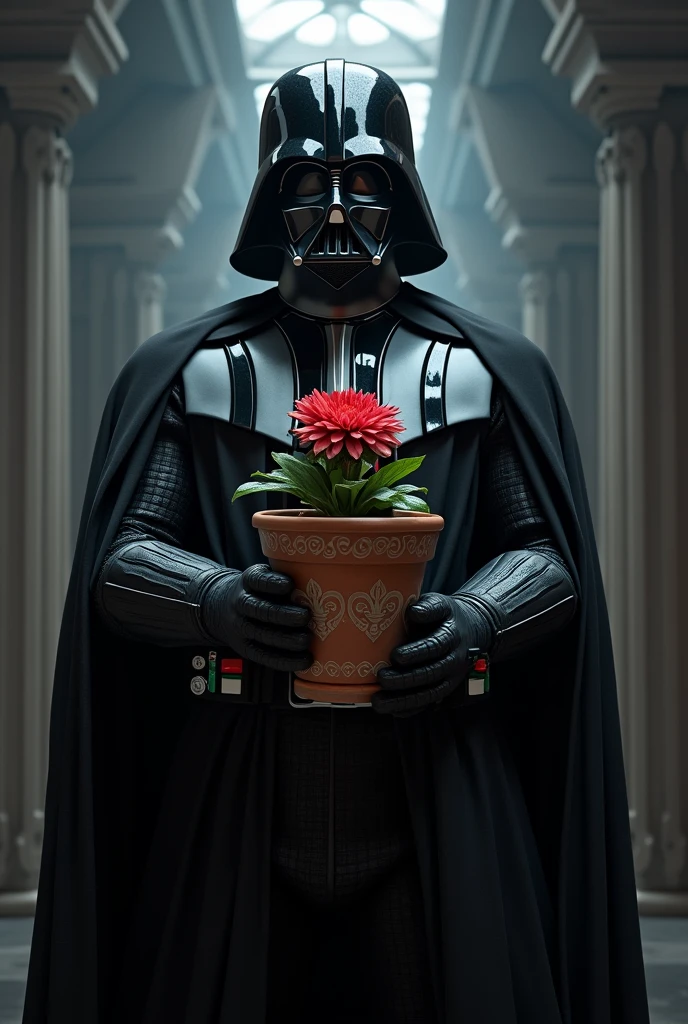 Draw Dark Vader holding a flower pot with a pea shooter
