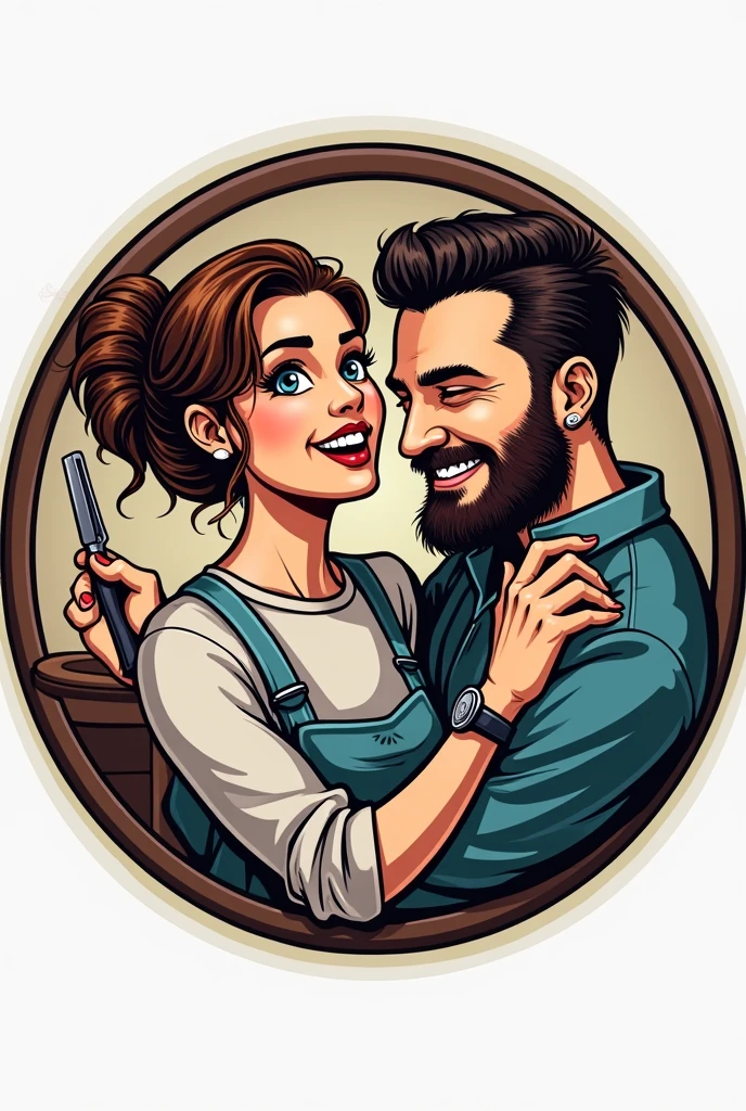 Photo for a barbershop logo with a round frame where a woman is shaving a man, both smiling rude style
