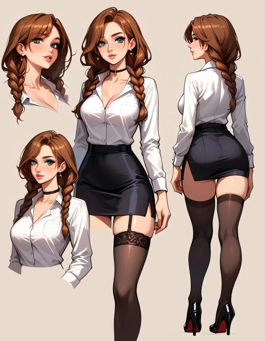 score_9, score_8_up, score_7_up, score_6_up, sketch_sheet, solo, BREAK 1girl, (Anna, brown hair, braided pigtails:1.3), dominant gorgeous girl, same character, BREAK perfect lips, tall, choker, (Sexy Office Lady), short black skirt, thigh slit, white shirt, thigh highs, high heels, BREAK frontal body view, back body view, Depth, Many parts, Multiple poses and expressions, BREAK highly detailed, (ultra-detailed), (best illustration), (best shadow), (absurdres), BREAK (very aesthetic), (4k, intricate), (detailed face:1.2).