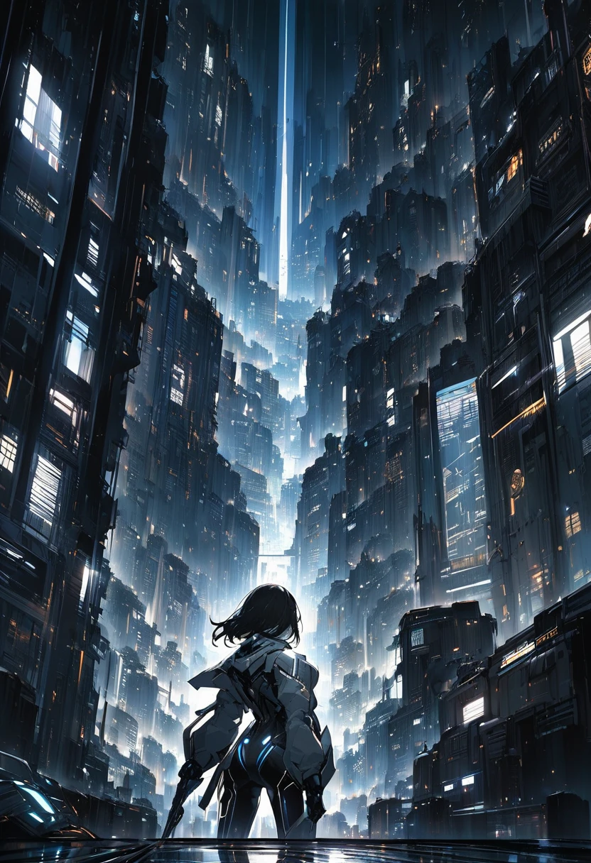 A black and white scene with a cyberpunk art style featuring a dramatic, high vanishing point perspective, from an angle behind a female character. She has a short, dark haircut, and is wearing a form-fitting futuristic suit with technological details. The woman is standing on the edge of a tall building, looking down at a vast, dense city filled with skyscrapers rising into the sky. The city is illuminated by artificial lights reflecting off the windows of the buildings and onto her suit. The texture of the image has a fine line finish, as if it were a detailed engraving or illustration. The atmosphere is dark and mysterious, with a sense of surveillance and technological control.