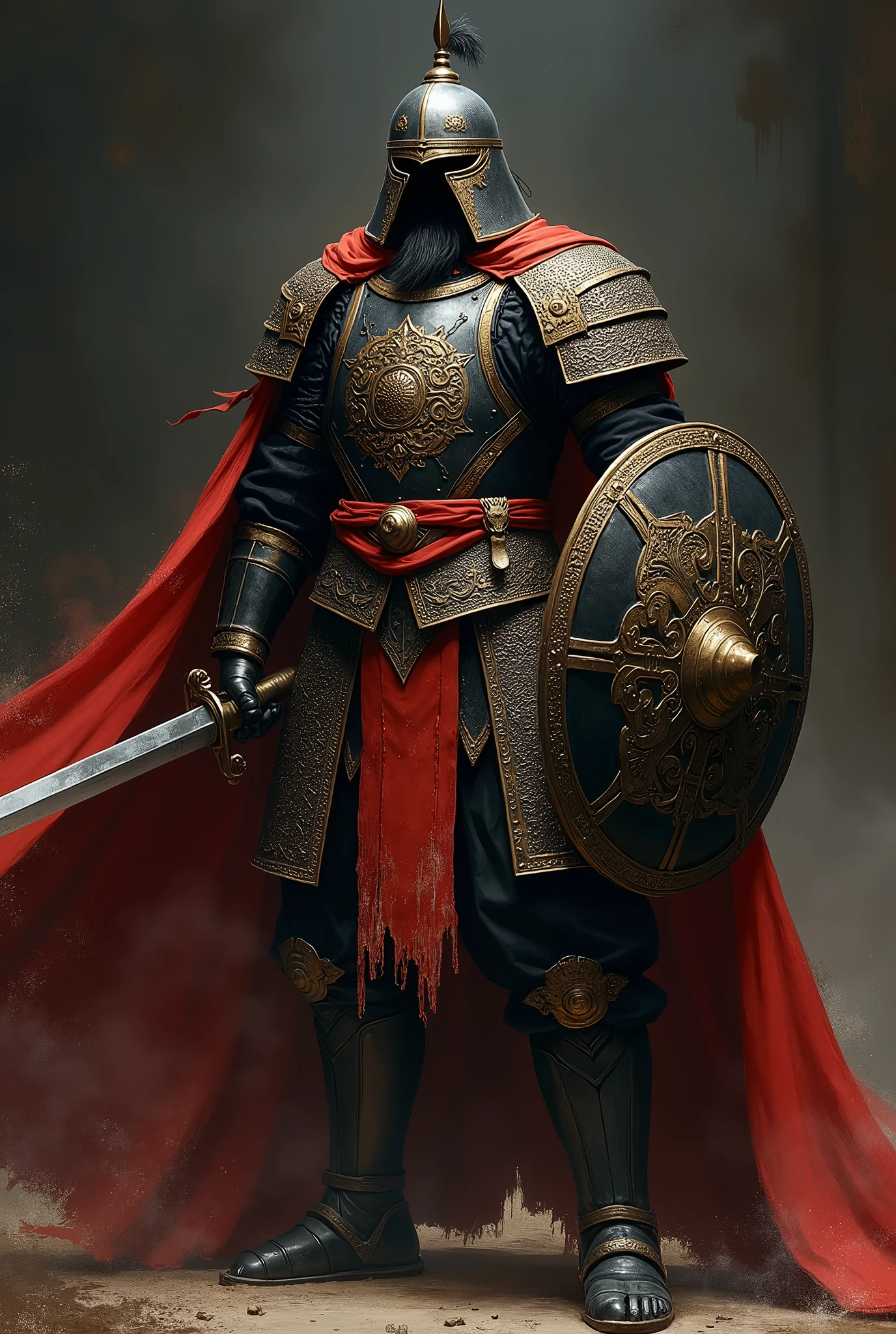 In the dark environment, a fierce Mongolian warrior stands ready for battle, face obscured by his helmet, as if embodying the spirit of death and fear. Soft side lighting casts a subtle glow on the black red and gold armor, accentuating the intricacies of the blackened design. The warrior's elegant Mongolian armor shines with a metallic sheen, complemented by the round shield and shining sword held at the ready. The masterful painting style, reminiscent of Anders Zorn and Aleksi Briclot, transports the viewer to a realm of realism and intimidation, as if gazing upon a highly detailed oil on canvas masterpiece.