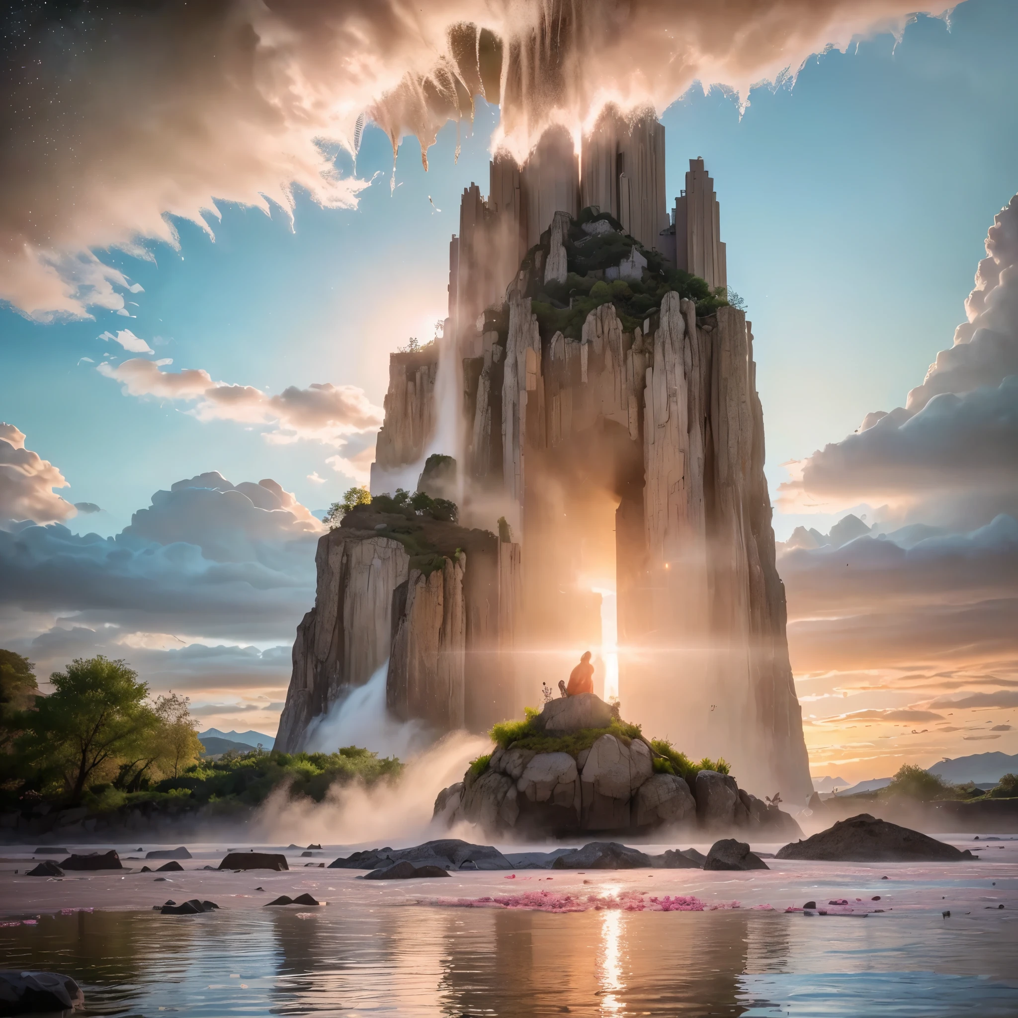 (8k, highest quality, masterpiece, final fantasy style: 1.2), (unRealistic, photoRealistic: 1.37), Dreamy landscape, epic scenes, sunset, Fantasy, Unsurreal landscapes, Super detailed, Flying futuristic  Castle, Floating Island in the Sky, Seven-colored swirl of light, Intense lightning, nebulas,Complex Light, Colored light, blue clear Large Lake, Starry sky reflected on the lake surface, Countless shining stars, Meteors,  Reflections , (A pillar of light emanated from the ground:1,2), (((roses and orchids gardens , bright sunset, pink and blue clouds, waterfalls in the sky, realistic style))), Hyperrealistic drawing , burning futuristic skyscrapers, , timeless realms, healing light magic effect, in a crystal clear blue magical lagoon of the fairyland, crystal clear waters with silver surface reflections, sharp focus, (close-up:0.9), (bright white theme:1.2), (bright white tone:1.2), (deep blue tone:1.3),((( realistic, Hyperrealism, vivid colours , landscapes , alien nature , science fiction themes))), mountains and abyss, water resources and waterfalls , fog , 