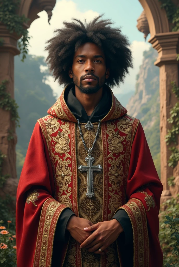 (photorealism:1.2), an afro-european mixed race young man, with lighter shade of caramel skin, wears an Orthodox Bishop clothes with a hood, with a silver cross necklace, fantasy world setting.