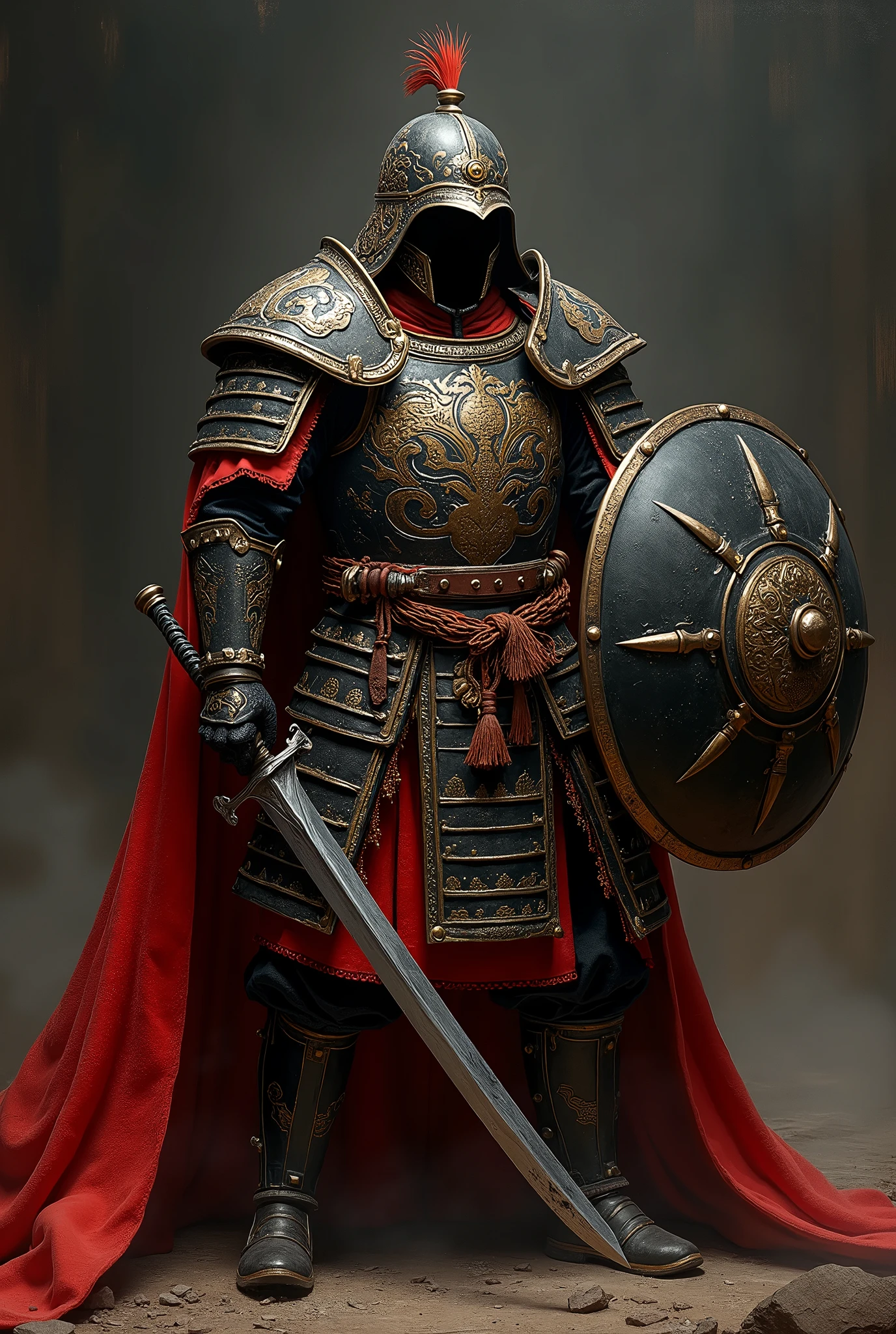 In the dark environment, a fierce Mongolian warrior stands ready for battle, face obscured by his helmet, as if embodying the spirit of death and fear. Soft side lighting casts a subtle glow on the black red and gold armor, accentuating the intricacies of the blackened design. The warrior's elegant Mongolian armor shines with a metallic sheen, complemented by the round shield and shining sword held at the ready. The masterful painting style, reminiscent of Anders Zorn and Aleksi Briclot, transports the viewer to a realm of realism and intimidation, as if gazing upon a highly detailed oil on canvas masterpiece.