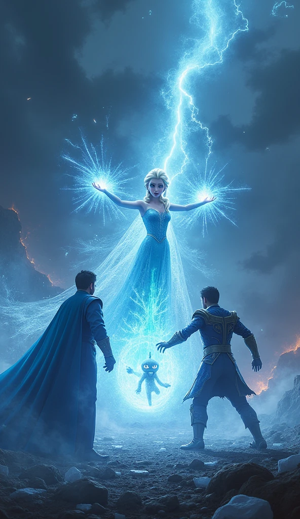 Elsa and Dr. Minion are fighting against a mysterious villain. Elsa unleashes a powerful ice beam, while Dr. Minion uses a strange device to protect both. The bad guys are frozen and unable to fight back..