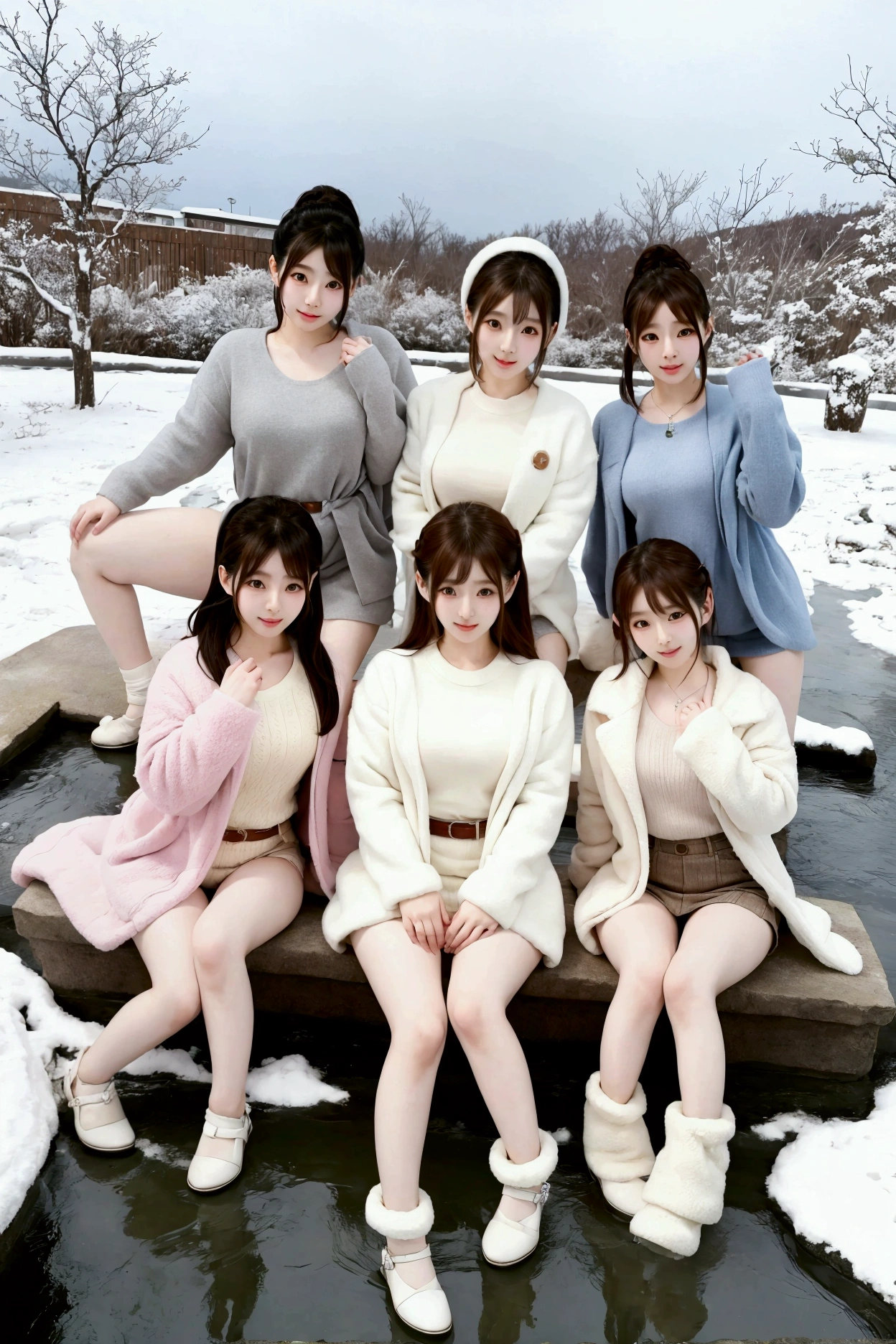 kpop and jpop girl group with cute japanese and korean girls, they are together in cute cold weather clothes, the girl in the center is the chubby and cutest