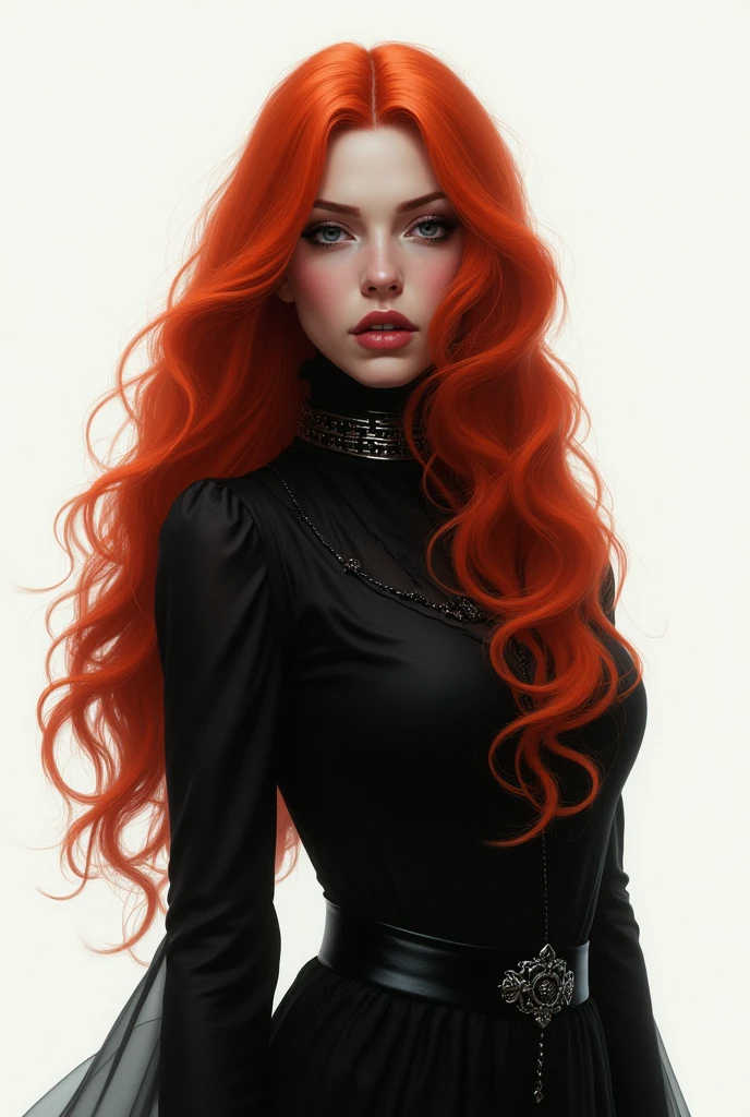 natty delle kiss of life, as she looks proudly ahead, with a white background behind it, with long red hair