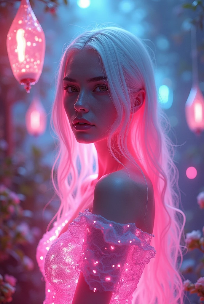 a beautiful woman, White hair with pink highlights, neon pink person, glowing environment, entire body radiating vibrant neon pink light, detailed facial features, long flowing hair, elegant dress, graceful pose, cinematic lighting, dramatic atmosphere, surreal scenery, futuristic landscape, glowing plants and crystals, volumetric fog, intricate details, photorealistic quality, vibrant colors, cinematic composition, digital art, concept art