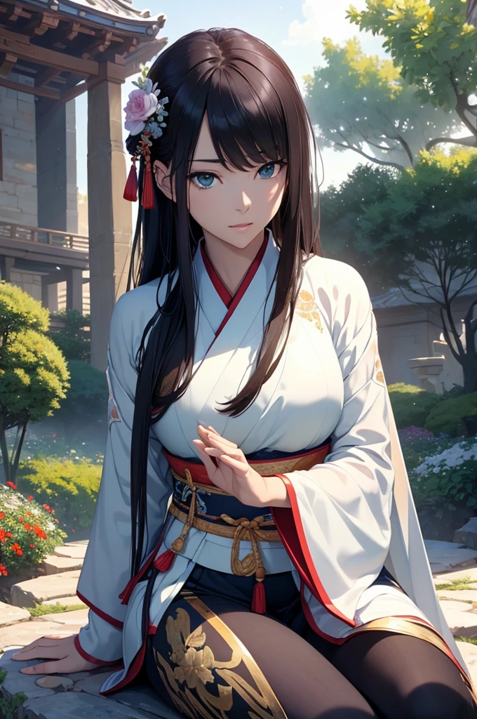 Starry sky and fog cover the landscape.Rich historical background. (Highest quality,4K,8k,High resolution,masterpiece:1.2), Very detailed, (Realistic,Realistic,Photorealistic:1.37), High resolution, Hyper HD, Studio Lighting, Ultra-fine painting, Sharp focus, Physically Based Rendering, Very detailed説明, Professional, Vibrant colors, Bokeh, Sports Late, Ancient War Landscapes, Traditional Chinese Painting Techniques, Atmospheric lighting, Dynamic Pose, Complex combat scenarios, Vivid color contrast, Visually stunning composition, Ethereal atmosphere,Very detailed目と顔, Beautiful attention to detail, Light on the face, (Hanfu: 1.1),Green Eyes、((Sitting on a rock in the garden(Poses to make your thighs look beautiful))