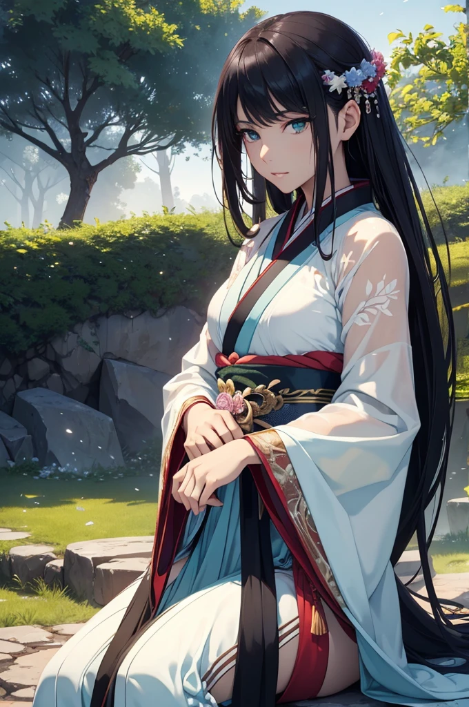 Starry sky and fog cover the landscape.Rich historical background. (Highest quality,4K,8k,High resolution,masterpiece:1.2), Very detailed, (Realistic,Realistic,Photorealistic:1.37), High resolution, Hyper HD, Studio Lighting, Ultra-fine painting, Sharp focus, Physically Based Rendering, Very detailed説明, Professional, Vibrant colors, Bokeh, Sports Late, Ancient War Landscapes, Traditional Chinese Painting Techniques, Atmospheric lighting, Dynamic Pose, Complex combat scenarios, Vivid color contrast, Visually stunning composition, Ethereal atmosphere,Very detailed目と顔, Beautiful attention to detail, Light on the face, (Hanfu: 1.1),Green Eyes、((Sitting on a rock in the garden(Poses to make your thighs look beautiful))