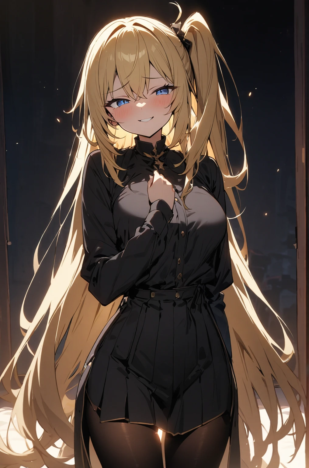 masterpiece, best quality, cinematic lighting, 1girl, a handsome girl, blonde hair, very long hair, long side up hair, long side ponytail, blue eyes, naughty smile, black pantyhose, clothes reflecting light, sf