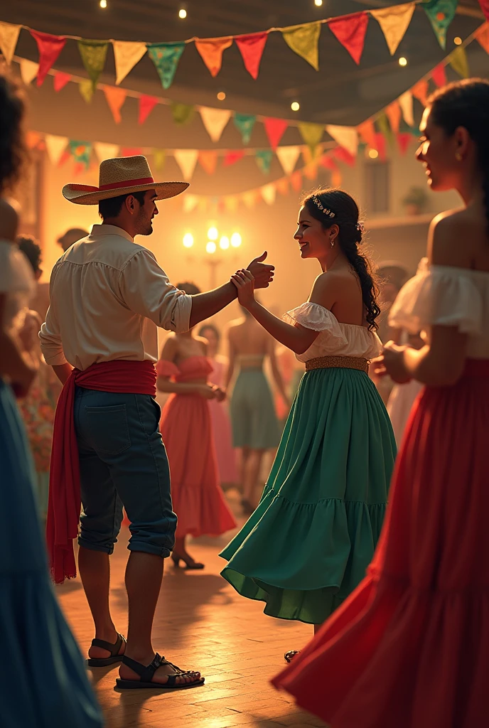 This scene shows a vibrant traditional dance in the Venegas family home.. The room is decorated with colorful pennants and oil lamps that softly illuminate the environment.. men and women, dressed in traditional Costa Rican costumes in the 19th century, fill the dance floor. The men wear straw hats and plain blue pants with a red wad of cloth that falls long on the left side of the waist and with leather sandals. They don't wear shoes, just sandals. , While women wear long, colorful dresses, white on top and colors more representative of Costa Rican culture below., with ribbons in your hair, don't put hats on women, only ribbons in your hair, no hats. music, played by a string ensemble in a corner, fills the air with festive melodies. There is laughter, Lively conversations, and a general feeling of community and celebration