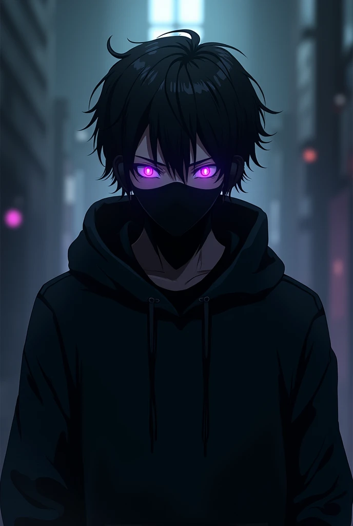 Appearance: hacker looking forward , 2d anime style , with short, wavy hair , with a dark face with black hair standing on end. He wears a black mask that covers part of his face and small headphones in his ears.. Its general appearance is gloomy , recalling an ethereal and dark presence. eyeballs: Intense and illuminated purples, increasing its mysterious and frightening aura. Clothing: Wears a black sweatshirt that enhances his shadow appearance. Personalidade: Exudes a calm and calculating demeanor, rarely loses composure. His glowing purple eyes and shadow-like appearance contribute to his enigmatic and unsettling presence.. history: Carries a dark past that shaped his menacing aura, with his hidden face and glowing eyes suggesting a deep inner conflict between light and darkness.