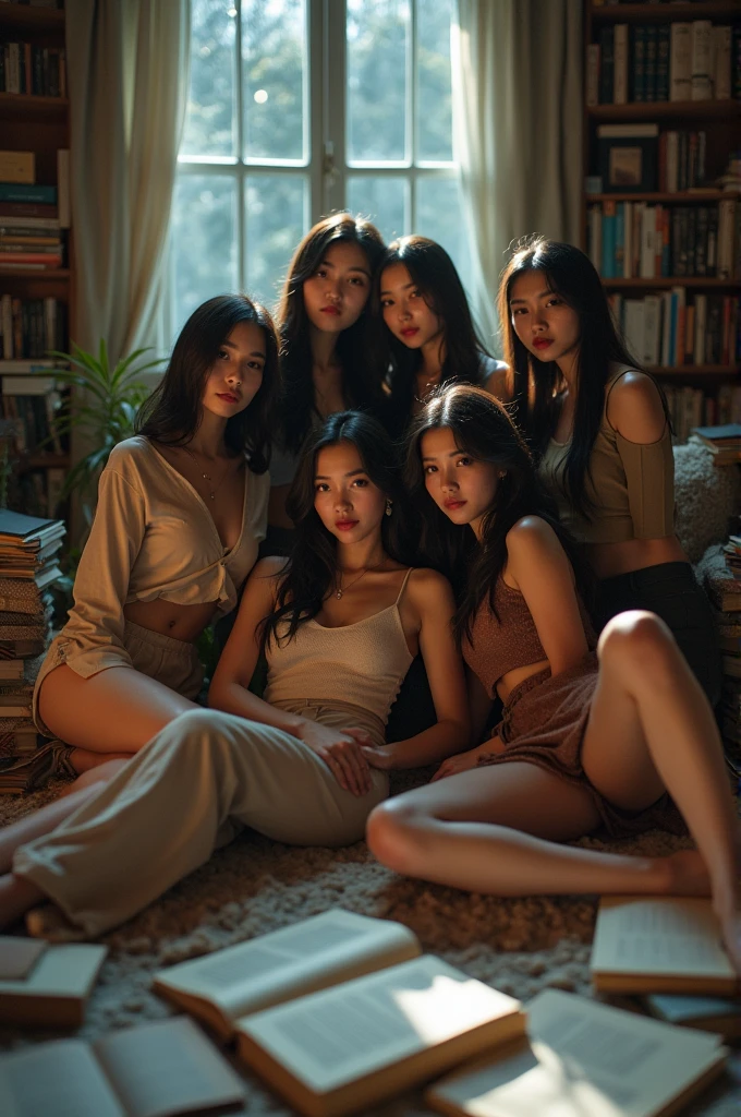 I'm taking photos for a new concept album. Create a girl group concept photo in a room, surrounded by messy books everywhere