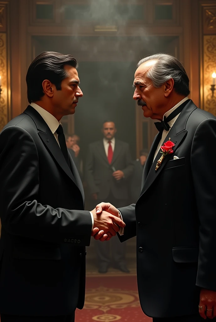 Recreate image of Tony Montana from the movie Scarface doing a handshake with Vito Corleone from the movie The Godfather Movie characters