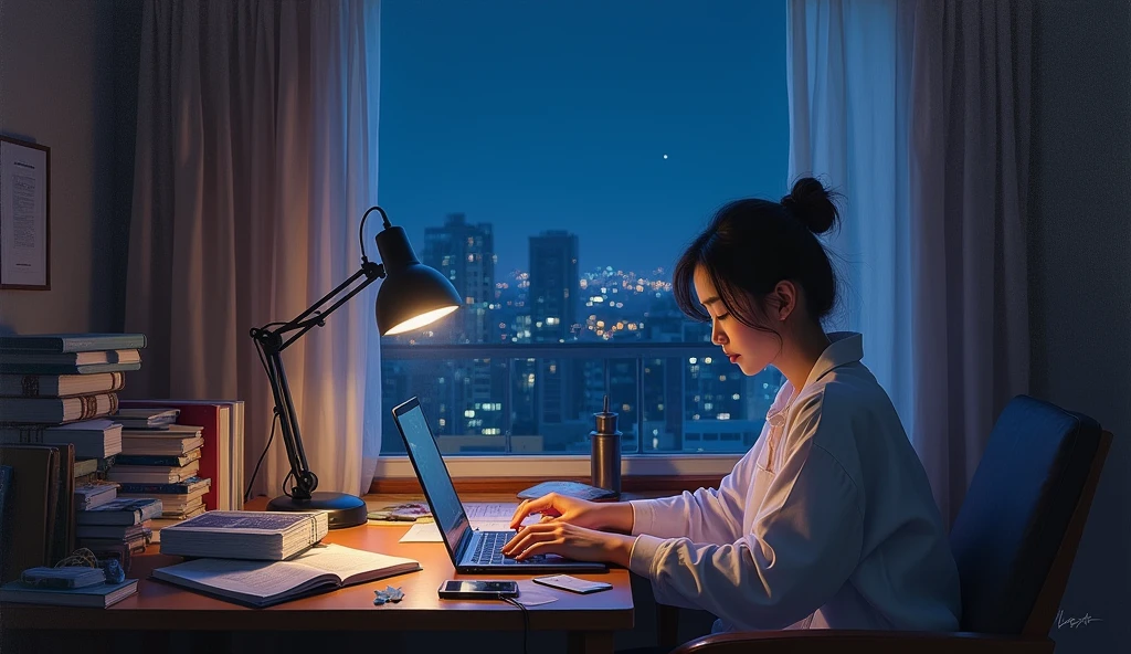 A stunning oil painting of a young beautiful Korean woman studying, beautifully portrayed with a lost and melancholic expression. In the soft glow of a study lamp, a she sits in her comfortable chair, surrounded by the organized chaos of study materials. Her desk is cluttered with open books, a laptop, and a mobile phone, each item a tool in her quest for knowledge. In a softly lit room, the young girl sits at her desk, engrossed in her studies. The warm glow from her desk lamp casts a gentle light over her open books, laptop, and scattered notes. Standing beside her, her elderly parents watch with evident pride and admiration. Their faces are illuminated by the room's light, reflecting their joy and satisfaction.
, The window beside her at a distance, reveals the deep blue of night time, with the city lights faintly glimmering in the distance. The room is bathed in a warm, focused light that contrasts with the cool darkness outside, creating a serene, studious atmosphere., adding to the sense of unease. The painting exhibits a dream-like, impressionistic style, with visible brushstrokes that create a sense of depth and texture. The color palette primarily consists of deep purples, greys, and blacks, evoking a depressive atmosphere. wide shot