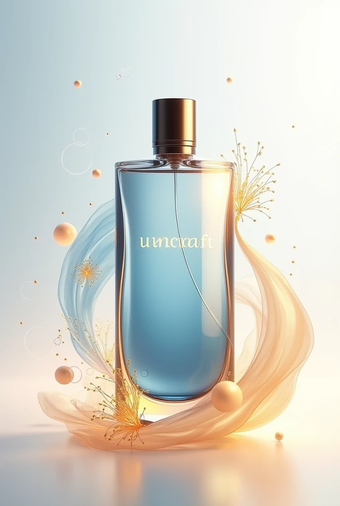 Create an illustration of an elegant perfume bottle with a modern, sleek design. The bottle should be semi-transparent with a gradient of deep blues and soft golds. Surround the bottle with a delicate, flowing aura or halo effect, The background should be in white featuring a soft gradient in complementary colors, blending smoothly to enhance the luxurious and sophisticated feel. Add subtle details like tiny sparkles and abstract floral elements around the aura for an enchanting touch. include AuraCraft brand name in perfume bottle also add subtitle as Craft your signature scent.