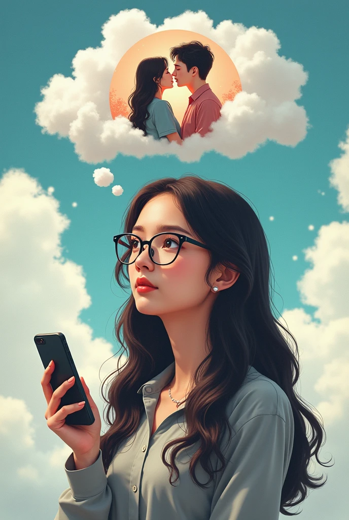 Black-haired woman wearing glasses holding mobile phone and thinking about creation，The image of thinking and creation is cloud，The picture that appears in the clouds is a manga style of a love girl with a man and woman hugging each other.