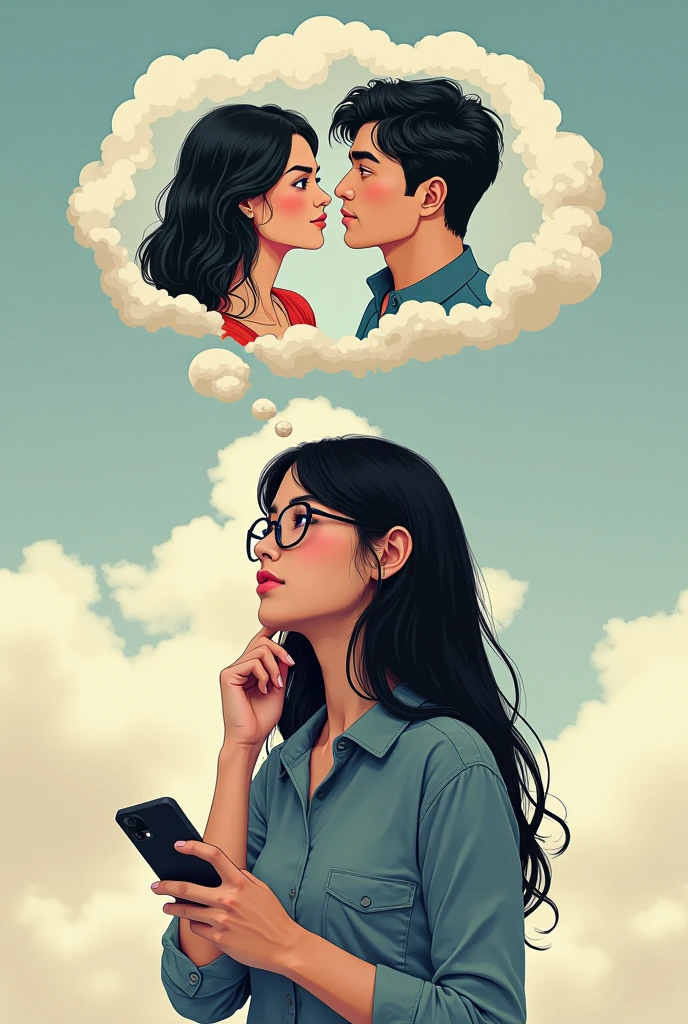 Black-haired woman wearing glasses holding mobile phone and thinking about creation,The image of thinking and creation is cloud,The picture that appears in the clouds is a manga style of a love girl with a man and woman hugging each other.