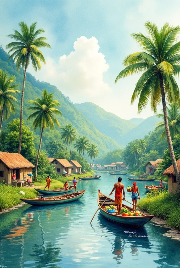 Water colour painting, kerala village