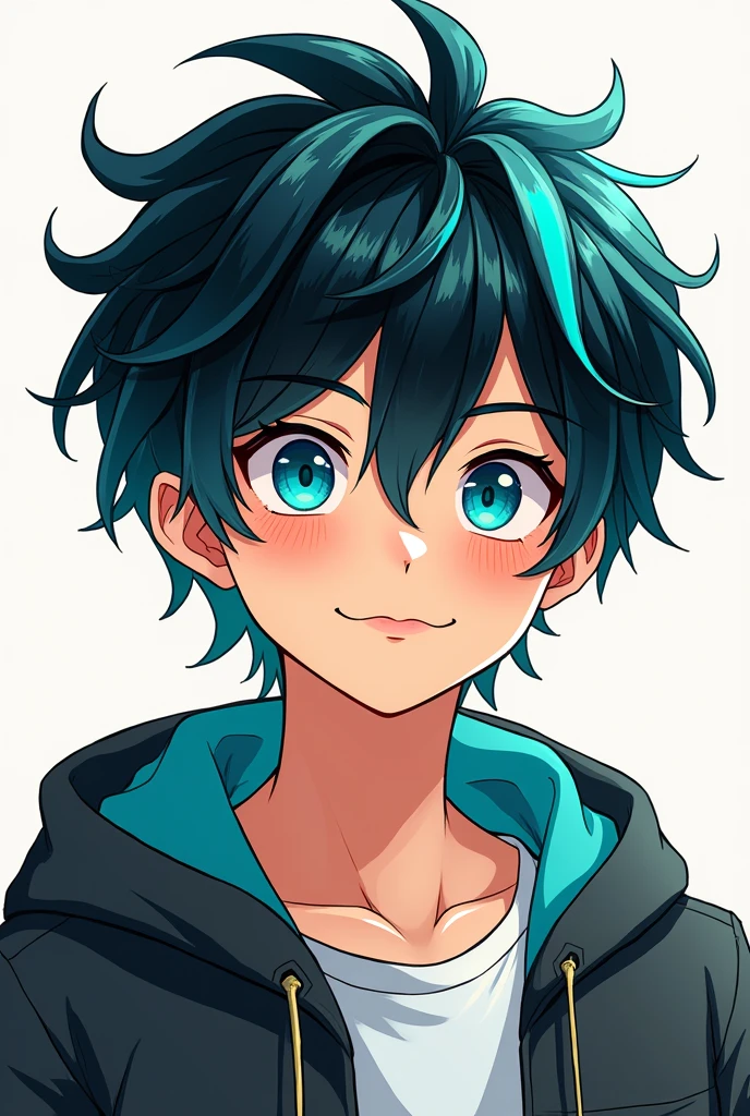 Teenager man highlightsturquoise-hair base-blackhair Chinese manhwa brightskin round-face turquoiseeyes playful style