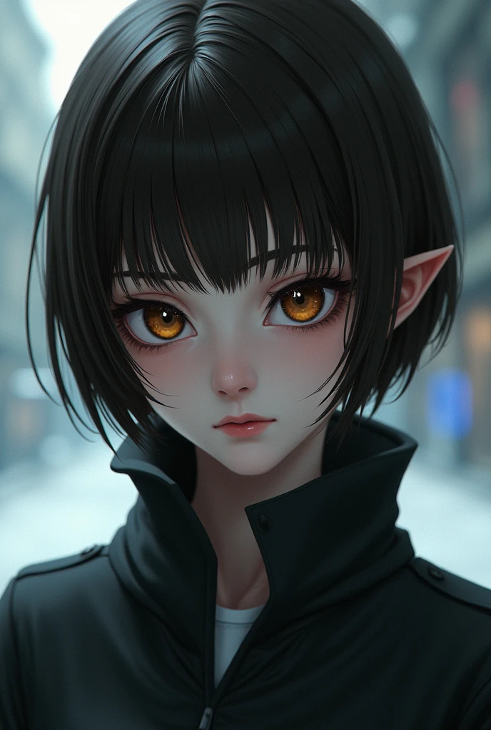 20 year old Caucasian girl, Her hair is short brown, Her skin is white, His expression is serious and cold, He seems like a bad person, Digital illustration of video game characters