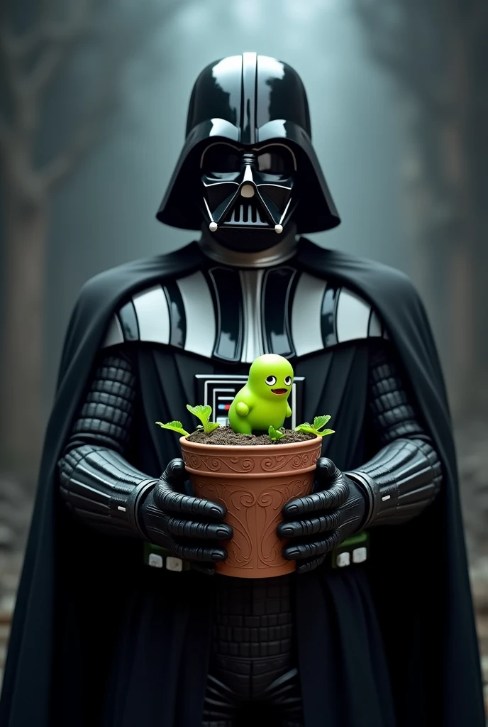 Draw Dark Vader holding a flower pot with a pvz pea shooter