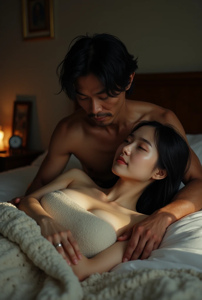 ( Photo realism1.2) Photo realistic of super beautiful young Japanese woman，20 years old，Black long hair，Lying ????? on the double bed after taking a shower，No makeup，without make-up，Covered with a quilt，Dark Room，Faint light，Old room，There seems to be a shirtless, dark-skinned elderly Asian man hugging and caressing the woman next to the bed..