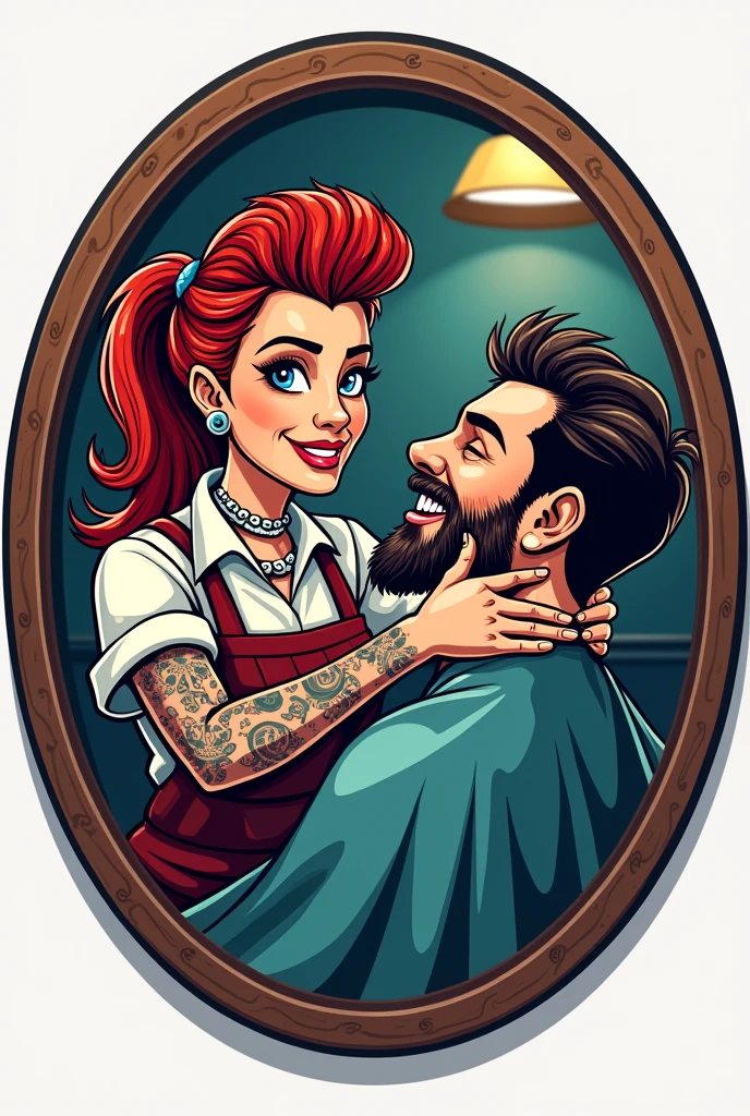 Photo for a barbershop logo with a round frame where a woman is shaving a man, both smiling rock and roll style