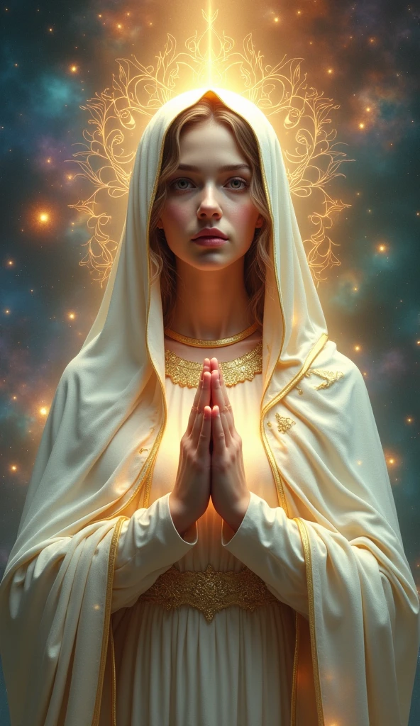 (((Saint Virgin Mary. 19 years olinetic style))) ((( With a serious and pious face. With a sweet and tender look))) (masterpiece, top quality, Best Quality, official art, beautiful and aesthetic: 1.2), (1girl), extremely detailed, (fractal art: 1.3), colorful, highest detailed, perfect face, Upper part of the body, HdR, (praying: 1.3), (golden lines of white coat: 1.2), Galaxy, (light streaks), eye-catching visuals, (dynamic stripes, luminous trails: 1.2), vibrant colors,
