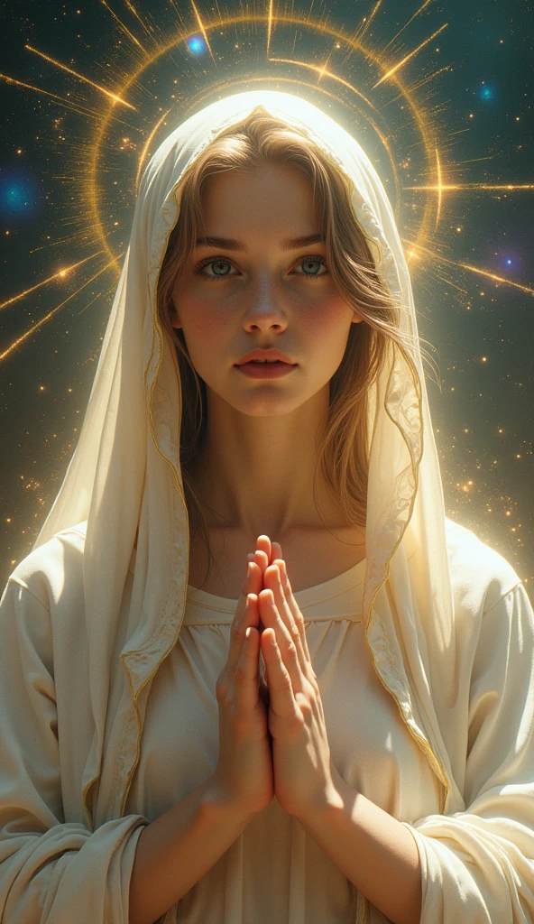 (((Saint Virgin Mary. 19 years olinetic style))) ((( With a serious and pious face. With a sweet and tender look))) (masterpiece, top quality, Best Quality, official art, beautiful and aesthetic: 1.2), (1girl), extremely detailed, (fractal art: 1.3), colorful, highest detailed, perfect face, Upper part of the body, HdR, (praying: 1.3), (golden lines of white coat: 1.2), Galaxy, (light streaks), eye-catching visuals, (dynamic stripes, luminous trails: 1.2), vibrant colors,