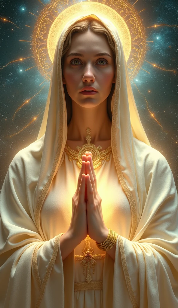 (((Saint Virgin Mary. 19 years olinetic style))) ((( With a serious and pious face. With a sweet and tender look))) (masterpiece, top quality, Best Quality, official art, beautiful and aesthetic: 1.2), (1girl), extremely detailed, (fractal art: 1.3), colorful, highest detailed, perfect face, Upper part of the body, HdR, (praying: 1.3), (golden lines of white coat: 1.2), Galaxy, (light streaks), eye-catching visuals, (dynamic stripes, luminous trails: 1.2), vibrant colors,
