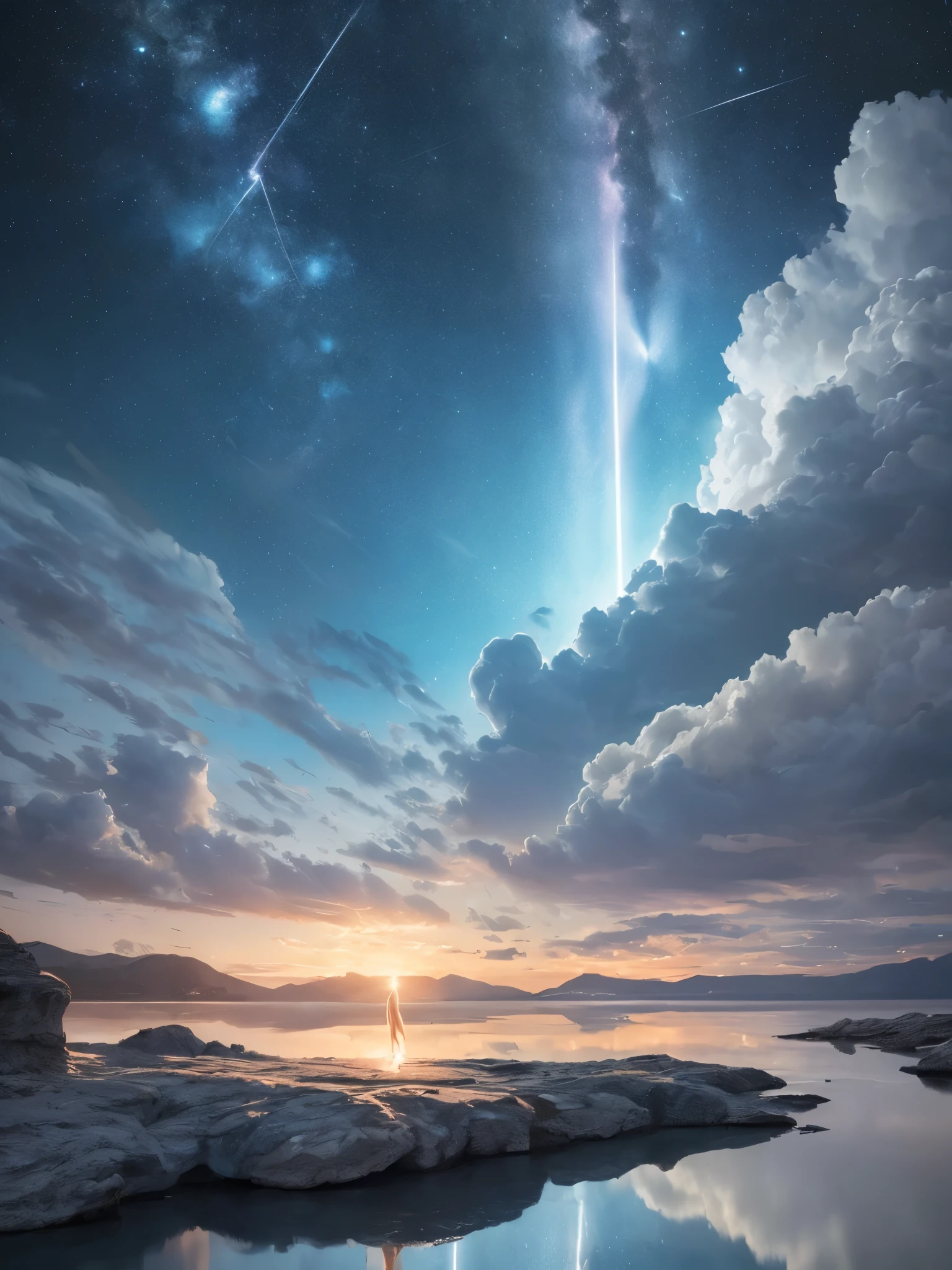 (8k, highest quality, masterpiece, final fantasy style: 1.2), (unRealistic, photoRealistic: 1.37), Dreamy landscape, Fantasy, Unsurreal landscapes, Super detailed, Flying Castle, Floating Island in the Sky, Seven-colored swirl of light, Intense lightning, milky way, Complex Light, Colored light, Large Lake, Starry sky reflected on the lake surface, Countless shining stars, Meteors,  Reflections , (A pillar of light emanated from the ground:1,2), roses and orchids gardens , sunset, pink clouds, waterfalls in the sky, realistic style, Hyperrealism drawing, a flying pirate spaceship floating at the clouds level, burning skyscrapers, cyborgs, timeless realms, stunning  princess  , floating hair, pink lipstick, cute, naked shoulders ,  casting spell, healing light magic effect, in a magical lagoon of the fairyland, crystal clear water surface reflections, sharp focus, looking at viewer, (close-up:0.9), (bright white theme:1.2), (bright white tone:1.2), (deep blue tone:1.3), realistic, Hyperrealism,