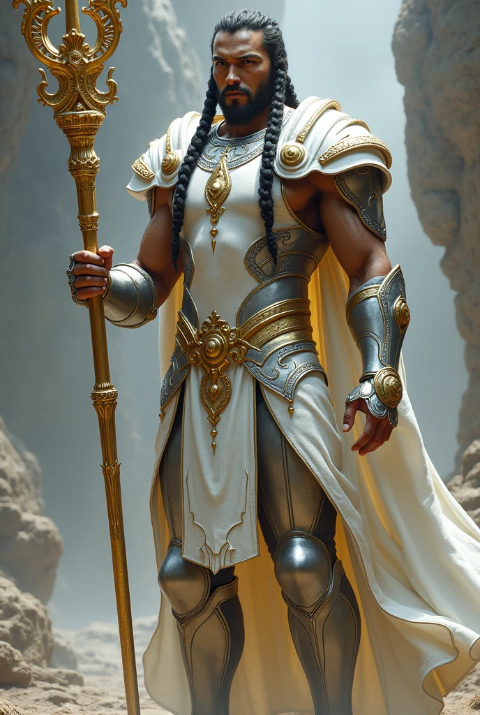 generate images of a tall an slim muscular man with   two braids of his hair beside his face
in white and silver coloured armour holding a gold staff
