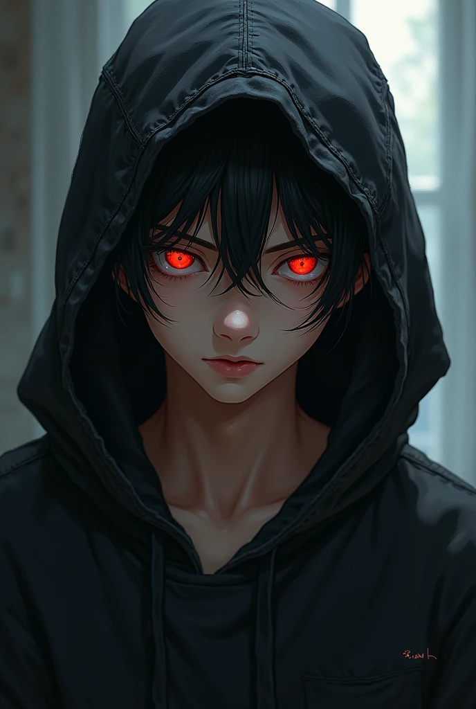 Create me a manga character who is a teenage boy with bangs and red eyes, wearing a hood and who gives off an aura.