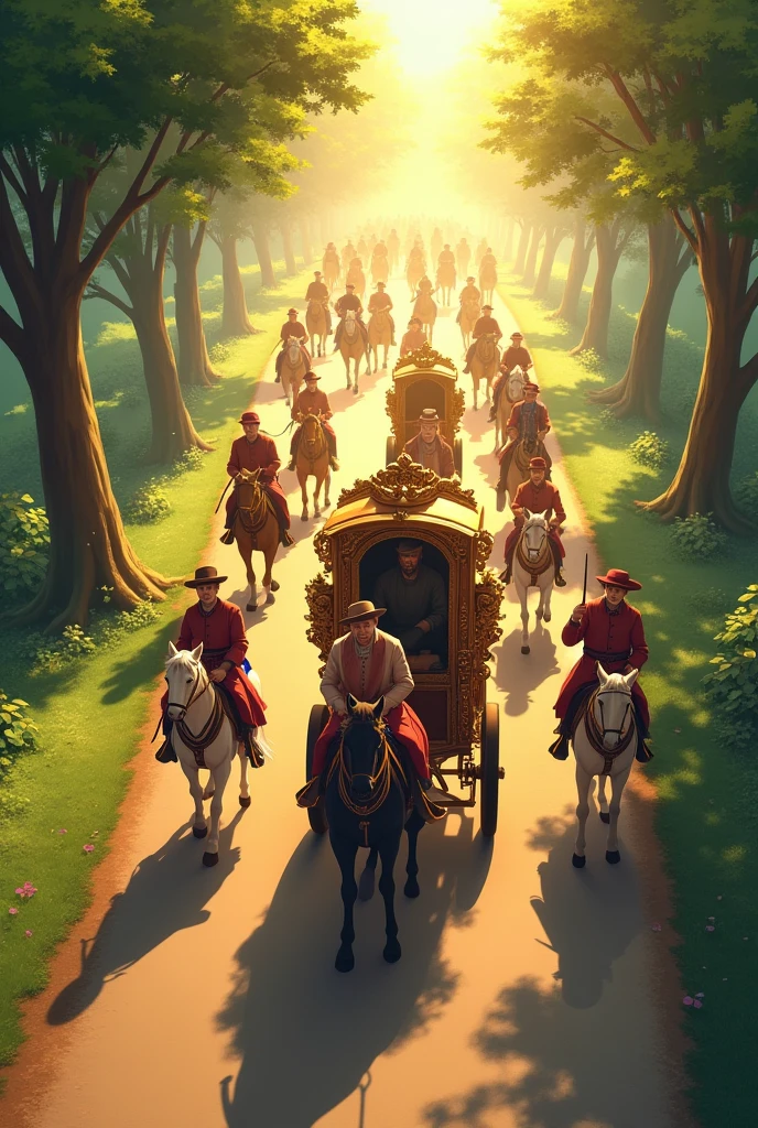 [A summer August road with a caravan of horse-drawn carts, one looking like a rich gentleman's vehicle][Cinematic lighting][Anime style]
